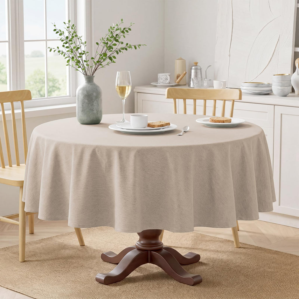 Faux Linen Round Tablecloth 60 inch, Table Cloth Wrinkle Free Decorative Fabric Waterproof Table Cover for