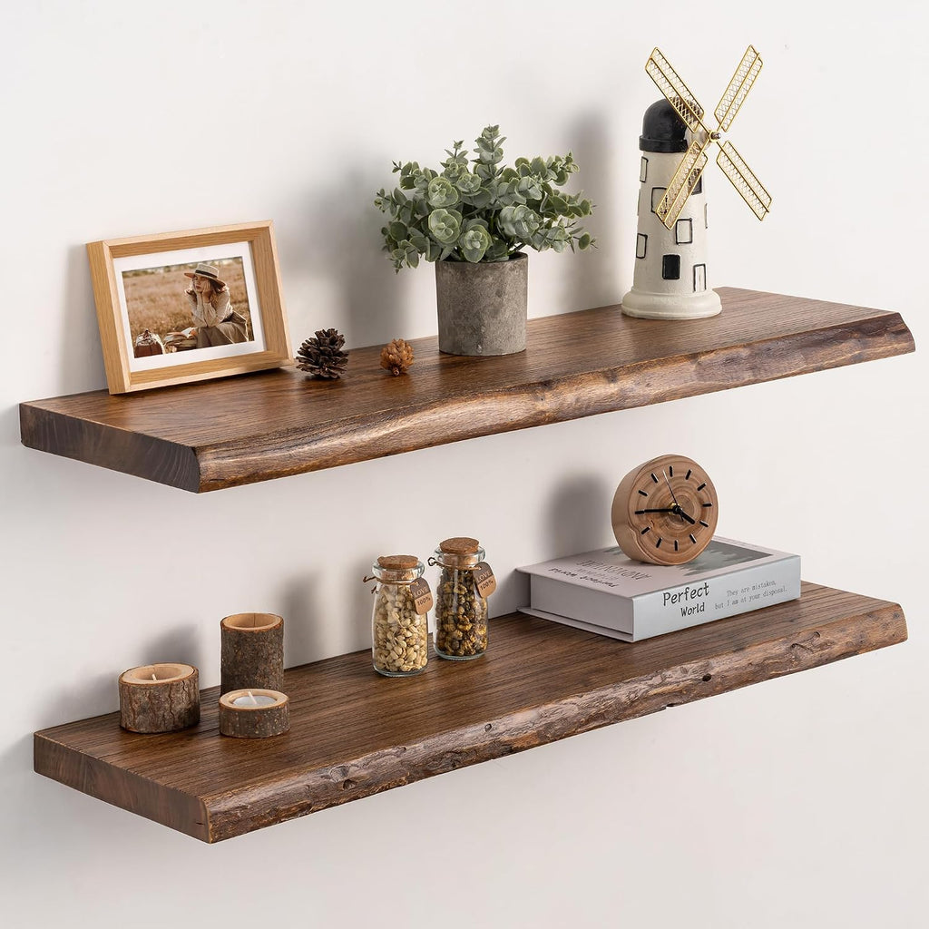 32 Inch Floating Wall Shelves Solid Elm Wood Set of 2 | Vintage Live Edge Wood Grain, Heavy Duty Hidden Brackets