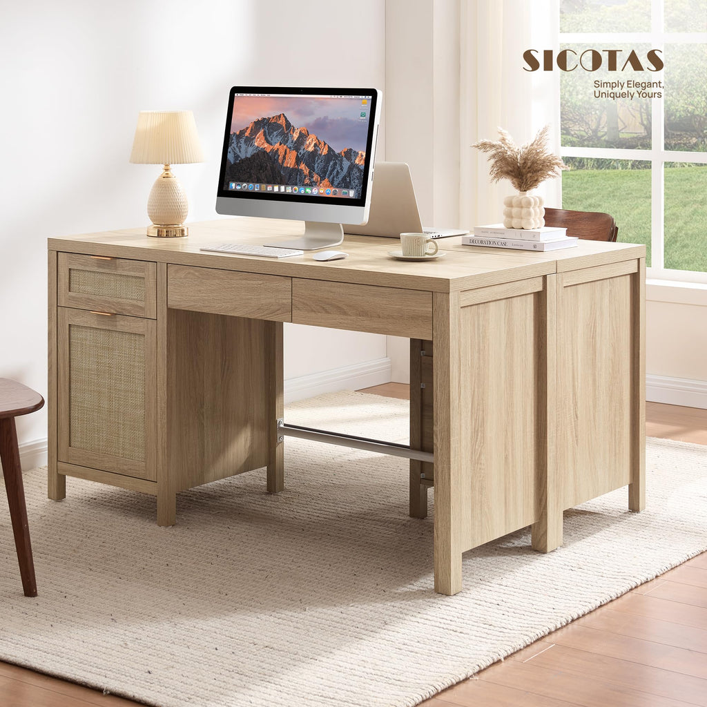 55" Rattan Desk with 3 Drawers - Wood Office Computer Desk with Storage Modern Boho Home Office Desks with Side