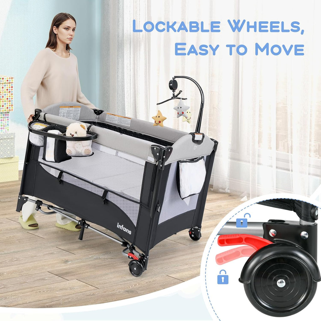 Pack and Play, 5 in 1 Baby Bedside Sleeper with Bassinet, Diaper Changer, Mattress, Carry Bag, Music Box Hanging