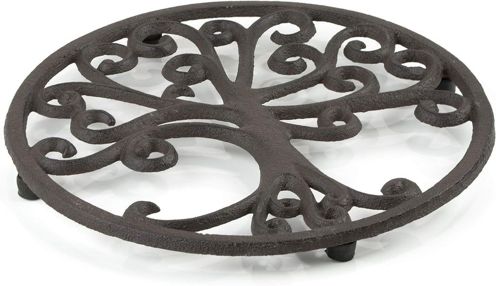 Cast Iron Trivet for Hot Dishes, Pots, and Pans, Metal Trivet, Tree of Life Design, Rubber Feet Caps, Ring Hanger, 8