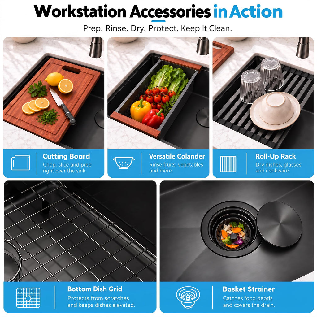 Black Undermount Kitchen Sink, 27 inch Workstation Kitchen Sink