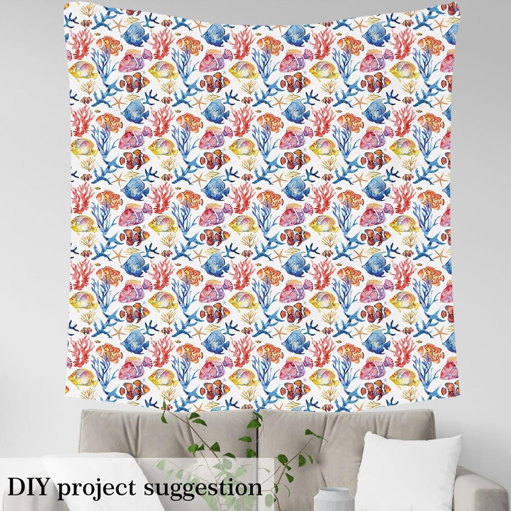 Tropical Fish Soft Polyester No Stretch Fabric by The Yard Coral Seaweed Plant DIY Fabric by The Yard Starfish