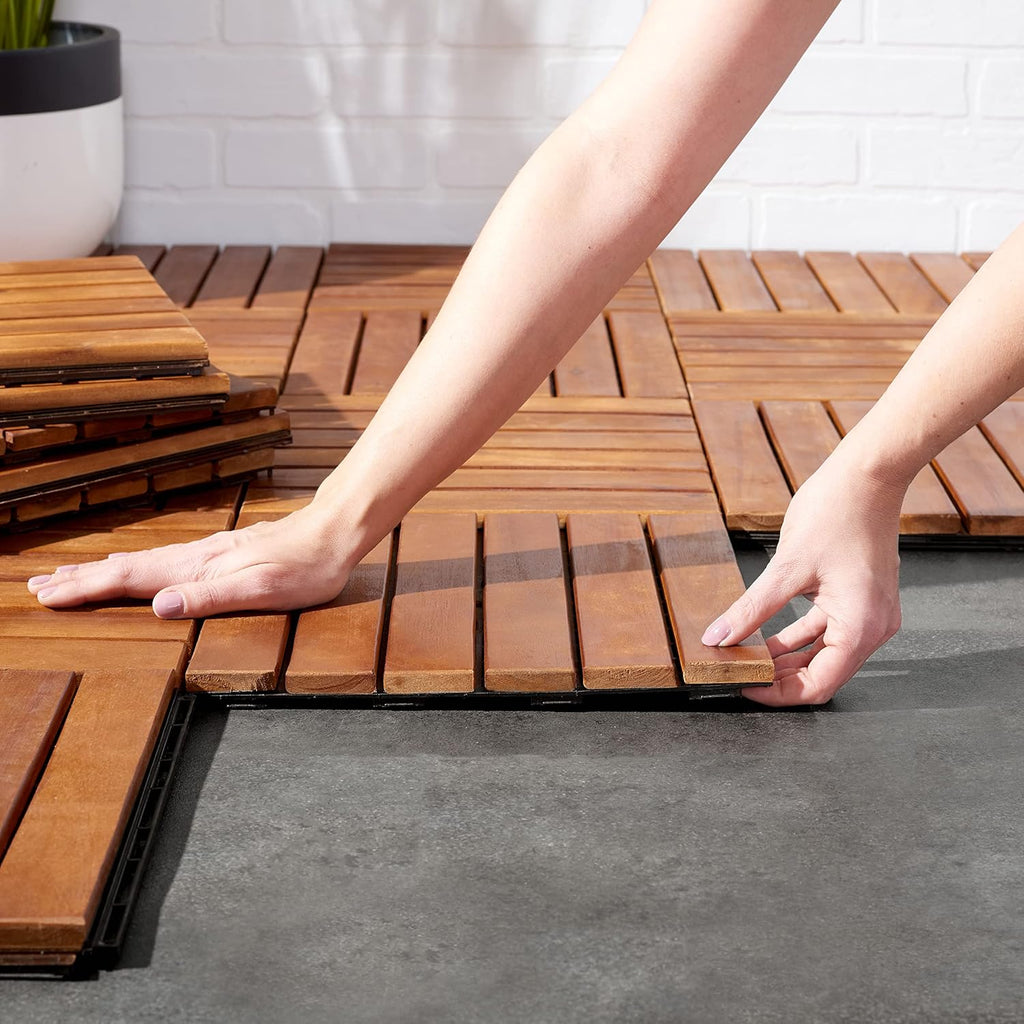 Outdoor Collection Osaka Natural Acacia Wood 6-Slat Interlocking Floor Tile Patio Deck 12 x 12-inch (Set of 10)