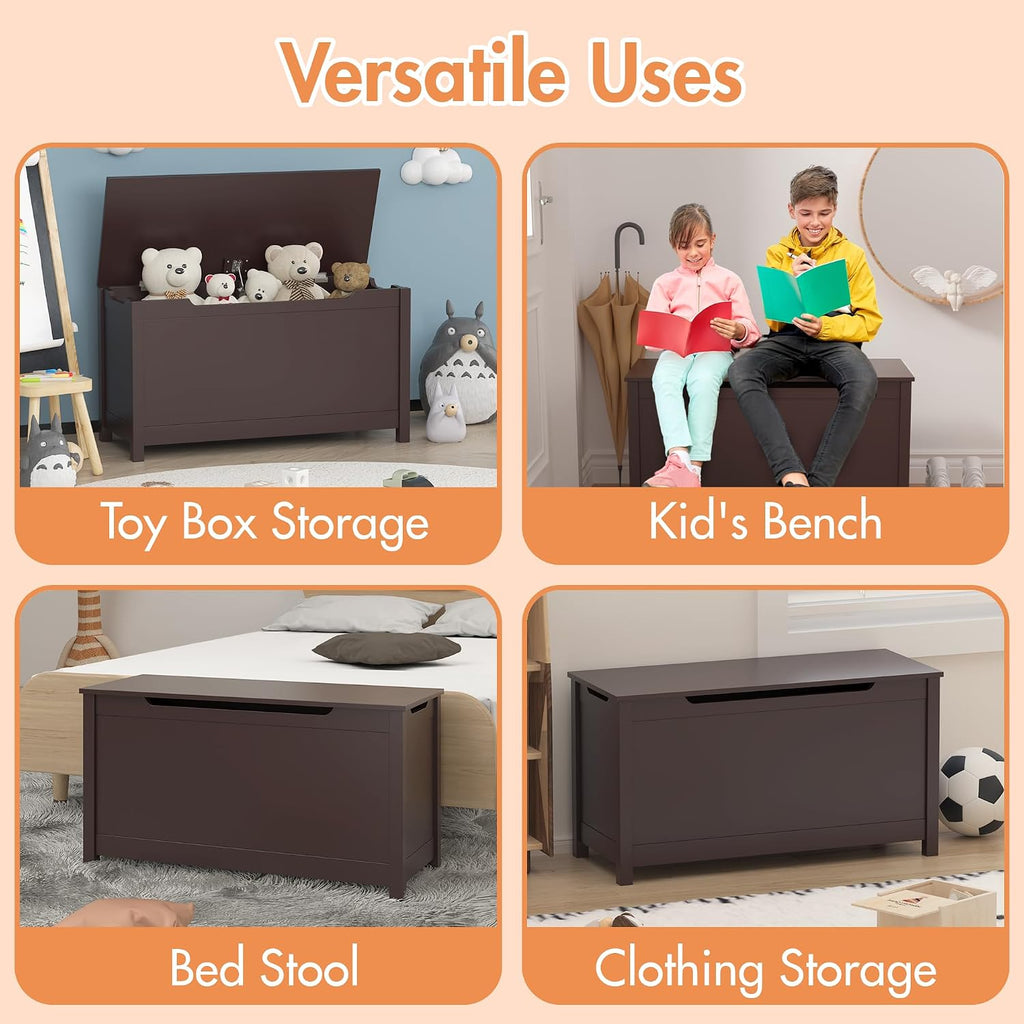 Kids Wooden Toy Chest with Safety Hinged Lid, 2.7 Cubic Feet Large Toy Box Storage Bench, Sturdy Toy Box Bedroom