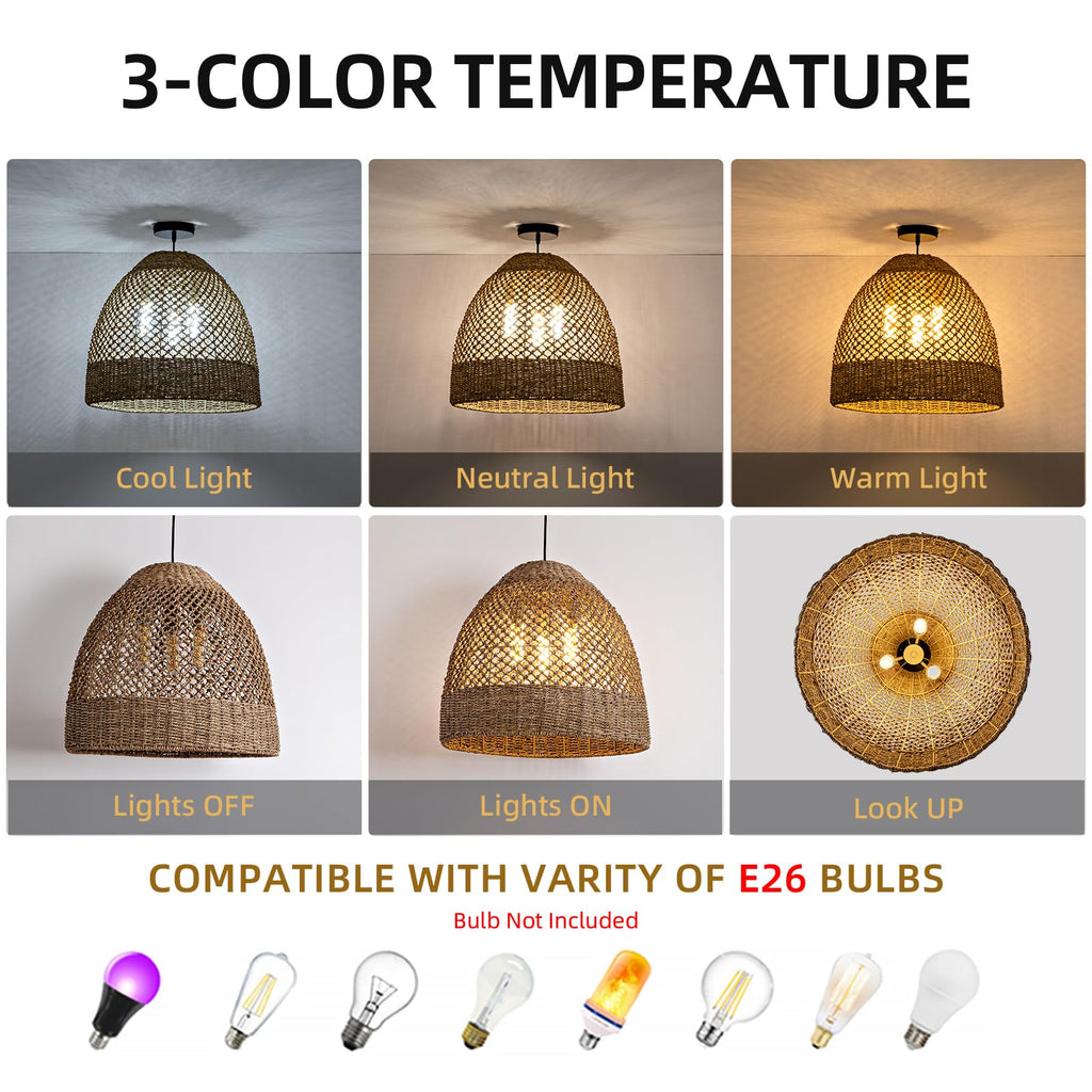 19" Rattan Pendant Light, 3-Light Boho Seagrass Chandelier