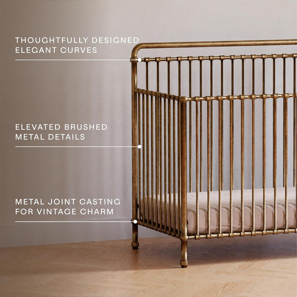 Winston 4-in-1 Convertible Crib w/Wheels Vintage Gold Bedside | GREENGUARD Gold Certified - Portable, Metal Baby Crib