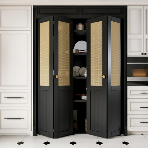 60'' x 80" Rattan Bifold Closet Door, Cane Webbing Wood Interior Door Slab, Build Quality Black Fold