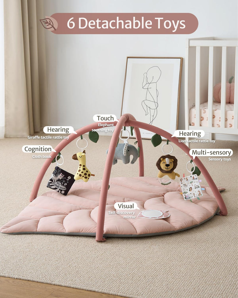 Play Gym & Activity Mat, Oversize Leaf Shaped Tummy Time Baby Play Mat w 6 Detachable Toys Promotes Motor Skills &
