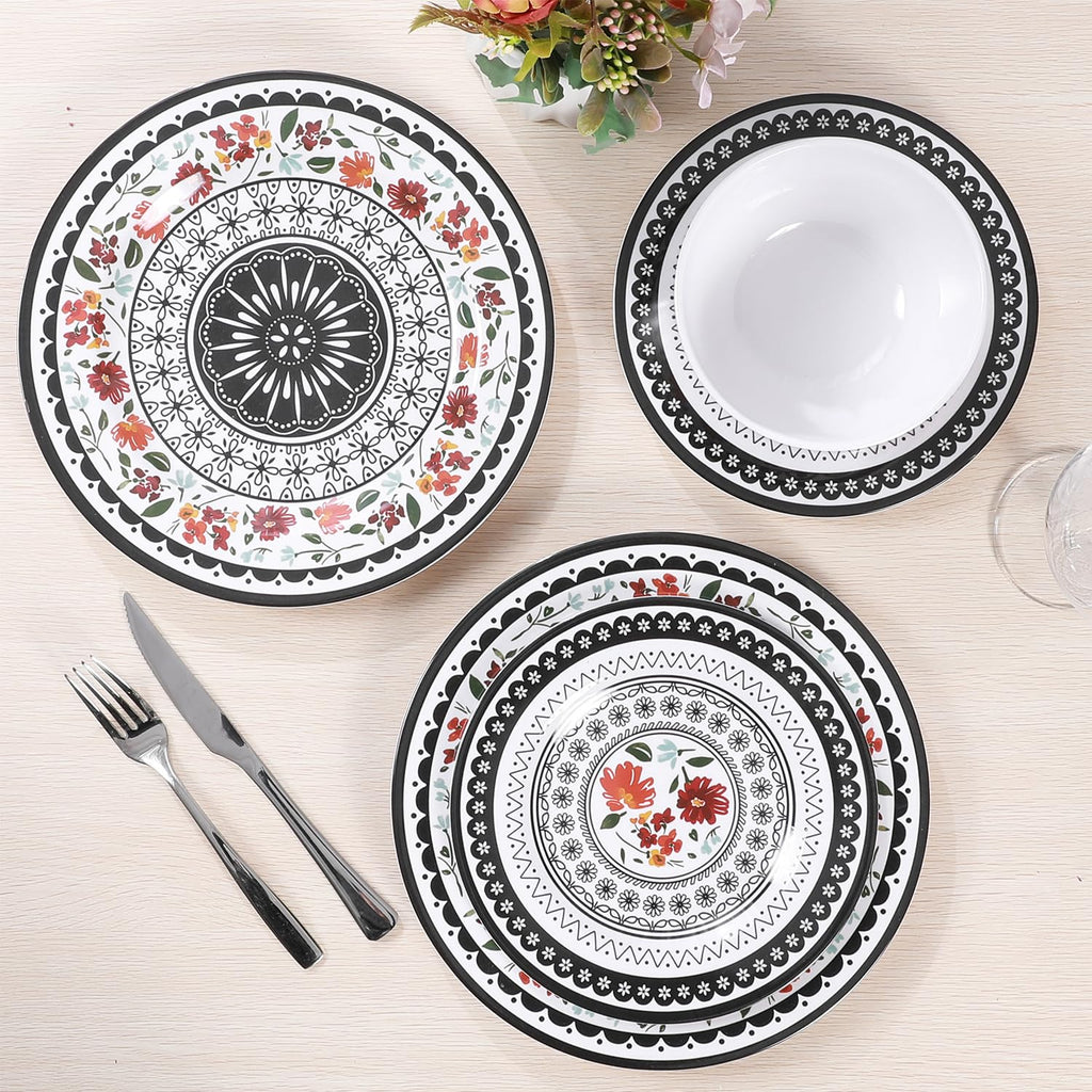 12-Piece Melamine Dinnerware Sets, Unbreakable Black white Plates and Bowls