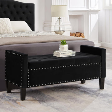 Velvet Storage Ottoman with Armrests and Nails Trim,Entryway Living Room Soft Padded Seat,Bed Bench Bedroom End of