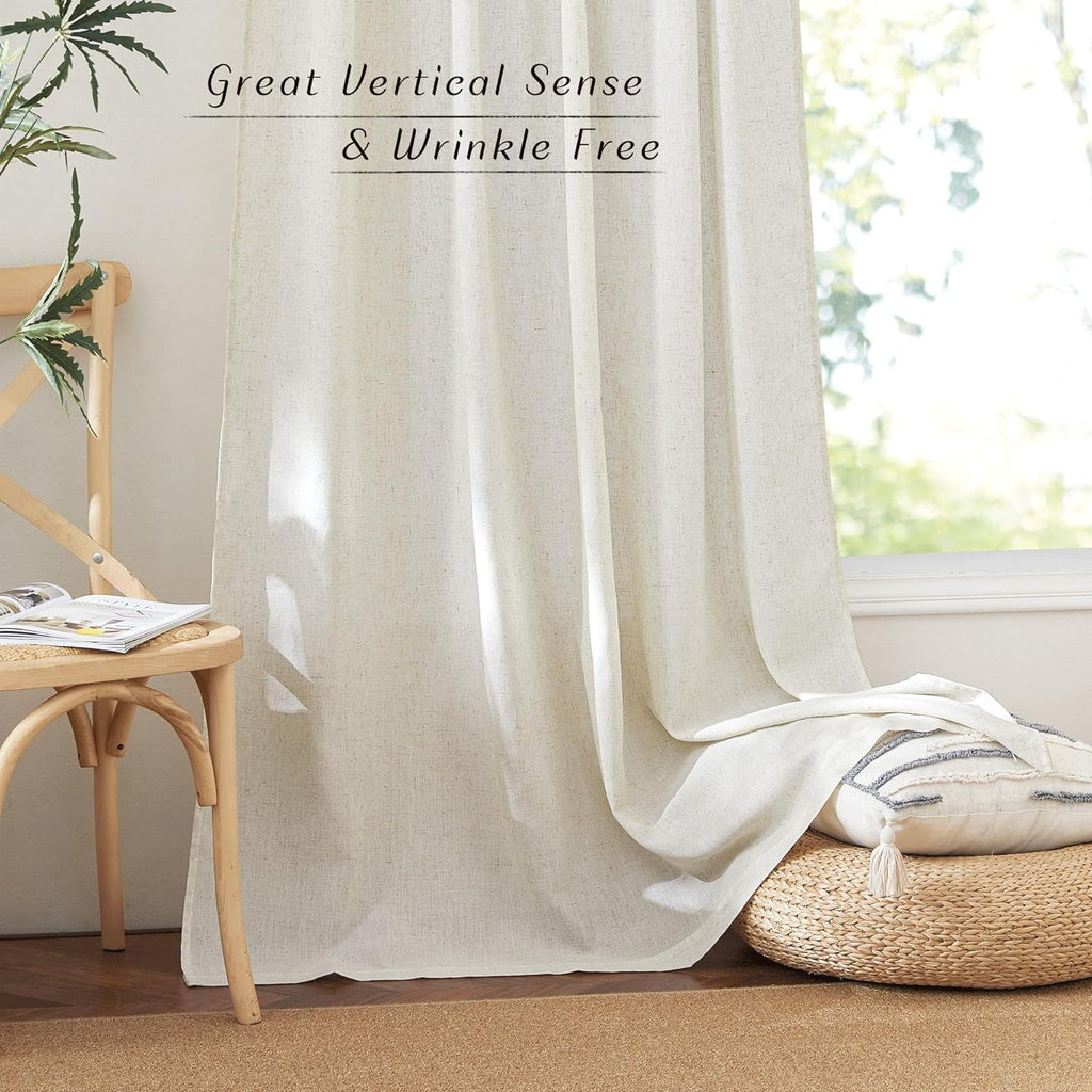 Natural Linen and polyester 102 inch Curtains, Back Tab & Rod Pocket with Pleat Tab Privacy Added with Light