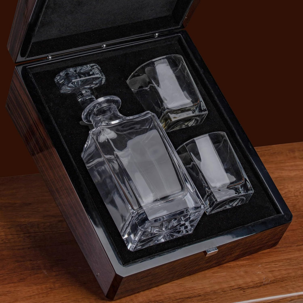 Whiskey Decanter Set with Premium Wood Gift Box: 2 Rock Glasses, Crystal Glass Decanter, Bourbon, Whiskey, Gifts - Set of 5