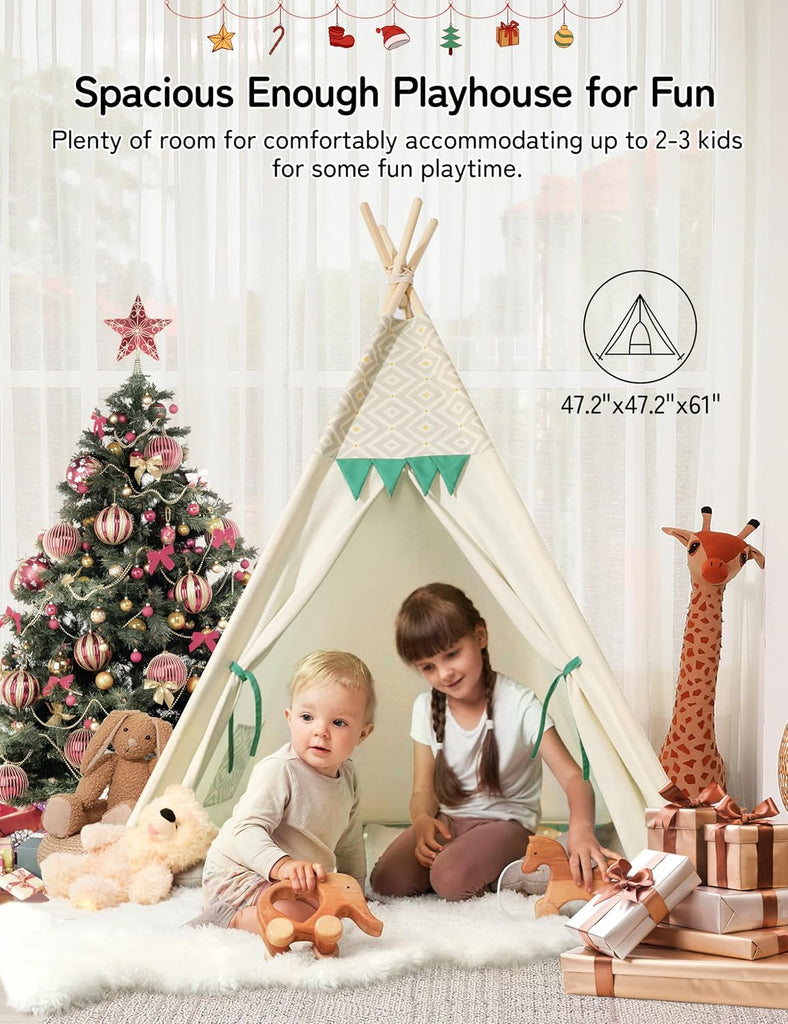 Teepee Tent for Kids, Cotton Play Tent with LED Lights