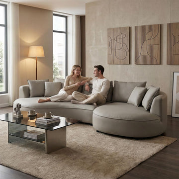 128.74 Inch Light Grey Curved Leather Sectional Sofa, Right-Facing Chaise