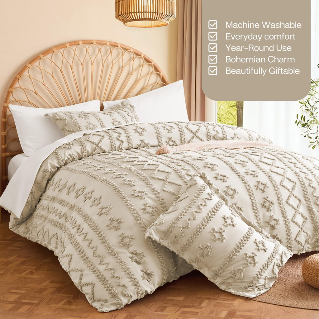 Boho Duvet Cover, Soft Vintage Tufted Bedding, 3-Piece, Linen