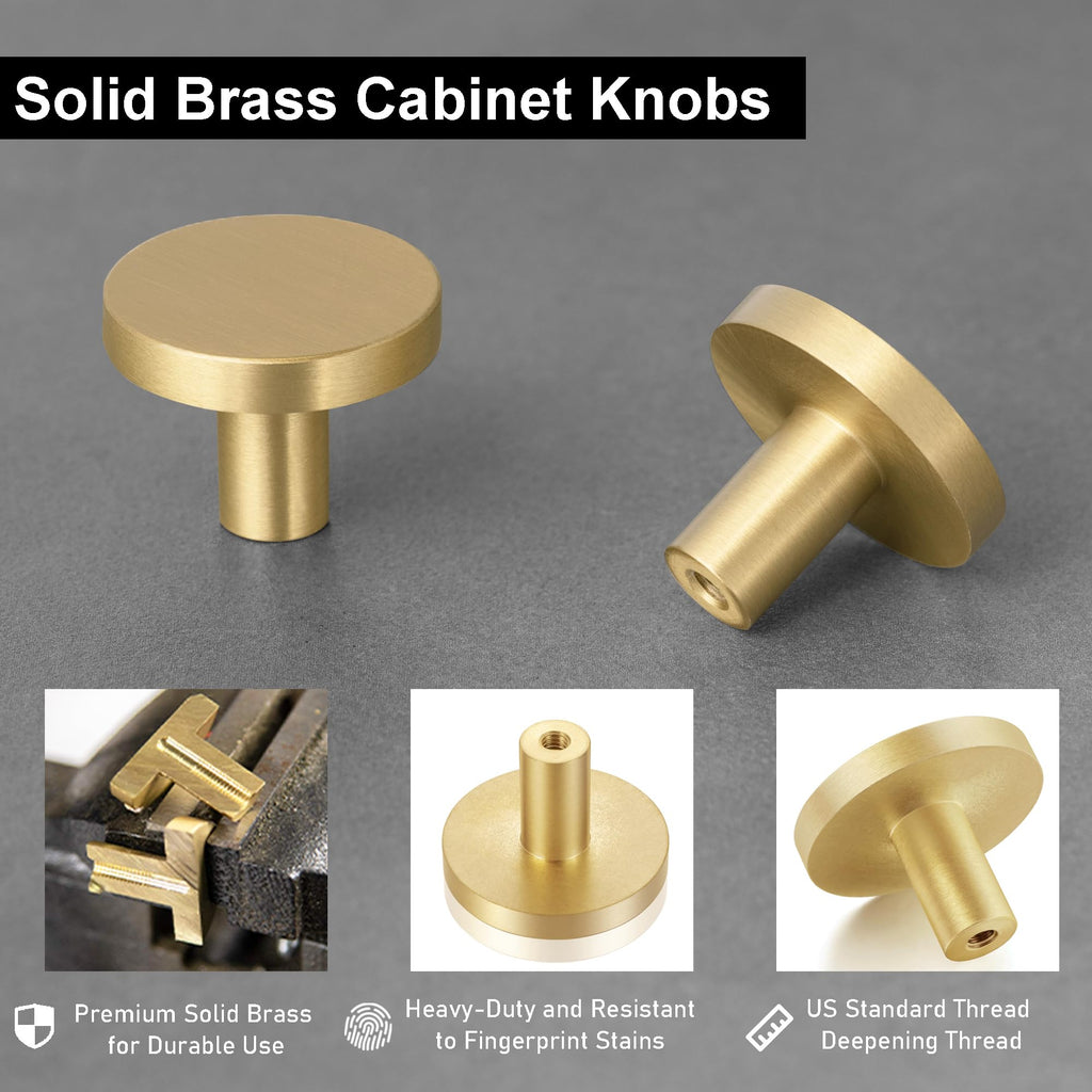 10 Pack Solid Brushed Brass Cabinet Knobs, Round Gold, 1-1/8 Inch