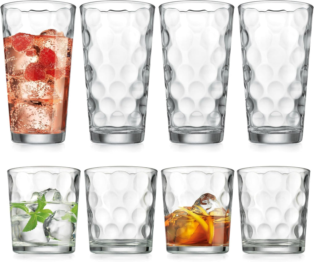 Glassware Drinking Glasses Set Of 8 4 Highball (17 oz.) Kitchen Glasses | 4 (13 oz.) Rocks Glass Cups for Water