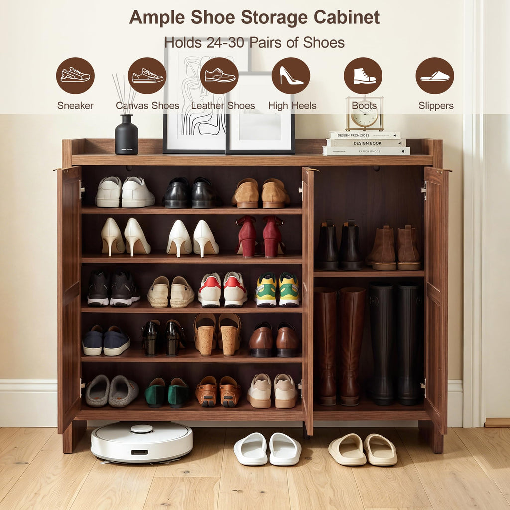 Fluted Walnut Shoe Cabinet with 3 Doors, 5-Tier Storage