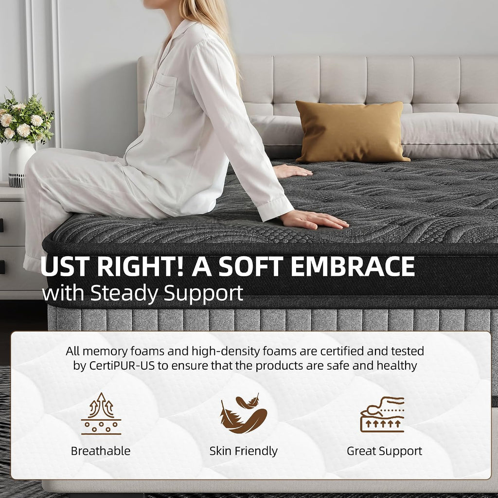 Queen Size 12 Inch Hybrid Mattress in a Box. Medium Firm Black and Gray Fabric Cover with Pocket Spring and Memory