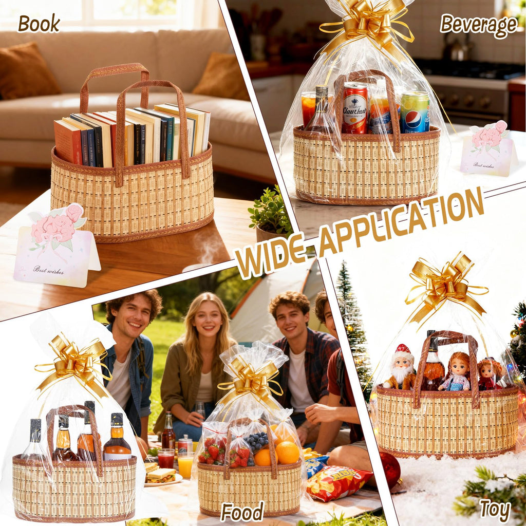 4 Set Baskets for Gifts Empty, Large Gift Empty Bamboo Basket with Handles, Foldable Woven Gift Basket with Wrap