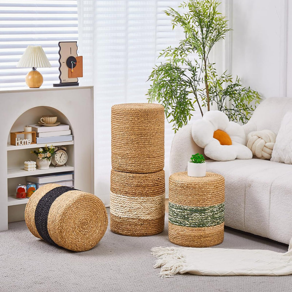 14inch Natural Water Hyacinth Round Pouf Ottomans Wood Frame Rattan Stool
