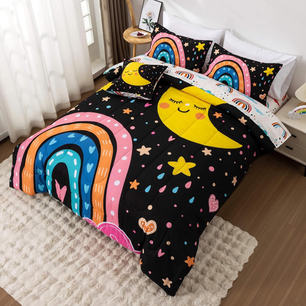 5 Piece Black Rainbow Comforter Set for Girls Boys Kids, Cartoon Cute Moon Stars Bedding Set, Bed in a Bag with