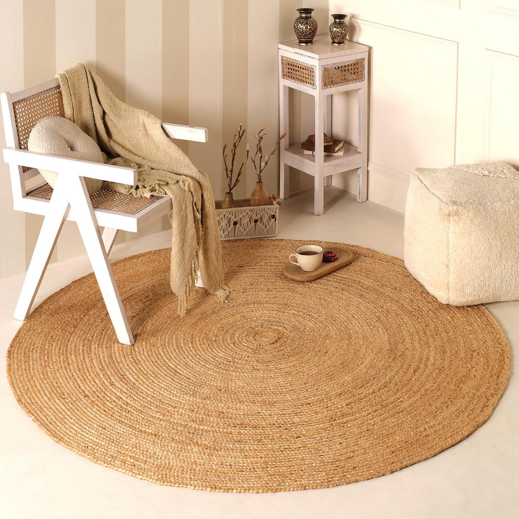 Handwoven 6ft Round Jute Rug Natural Rustic Reversible Living Room Area Rug