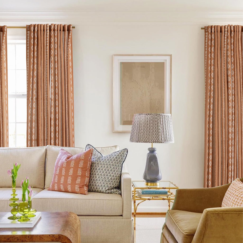 Terracotta Linen Curtains with Geometric Stripe Pattern Light Filtering Semi Sheer Drapes Rust Colored Boho Farmhouse