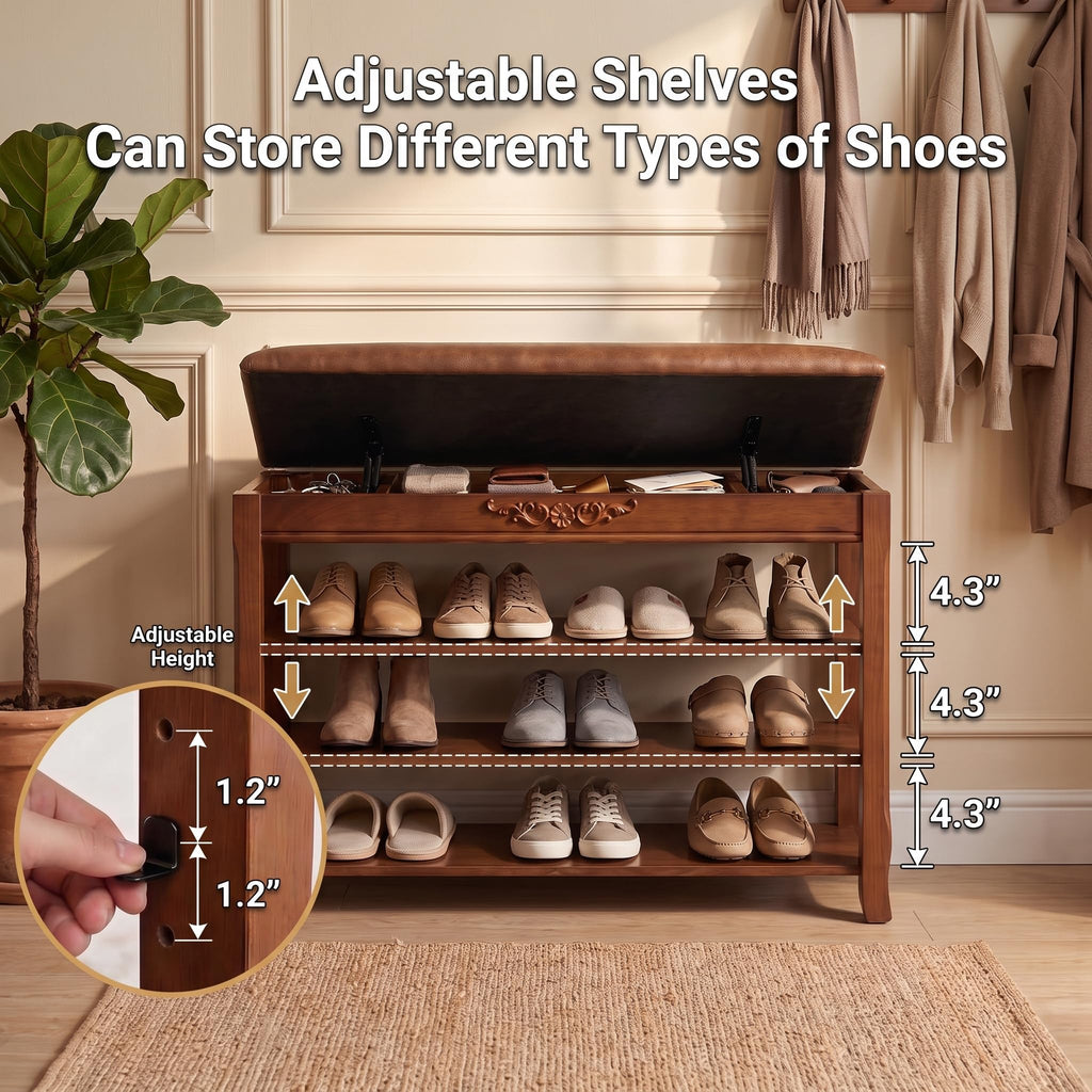 Solid Wood Shoe Rack Bench Entryway Storage with Leather Cushion, 31.5"