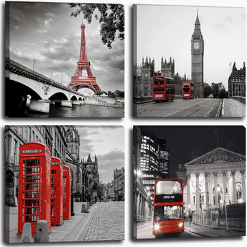 Black and White City Landscape Wall Red Street Scenery Canvas Decor Paris Eiffel Tower Pictures Prints London Big Ben