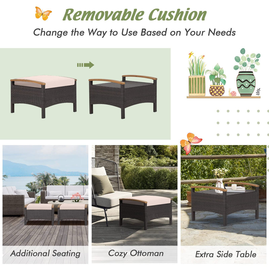 Set of 2 Outdoor Patio Ottoman PE Rattan Wicker Ottomans with Removable Cushions and Solid Acacia Wood Handle Outdoor