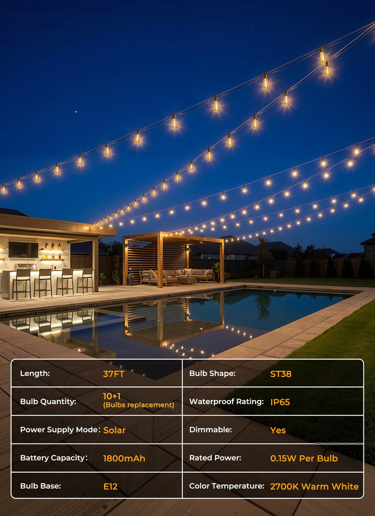 37FT Solar String Lights Outdoor, 10+1 Shatterproof LED Lights