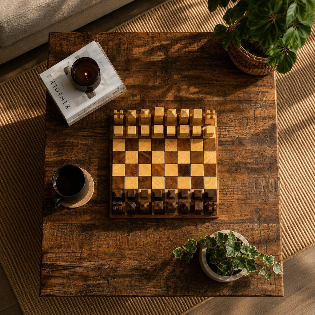 Handmade Wooden Chess Set 40x40 cm, 3D City Skyline Chess Board with Architectural Chess Pieces, Rustic Wood Strategy