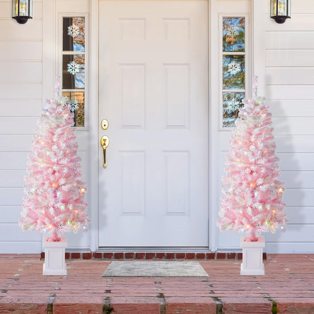 5ft Artificial Prelit Christmas Tree, Pink Christmas Tree Flocked Christmas Porch Tree with 130 Warm