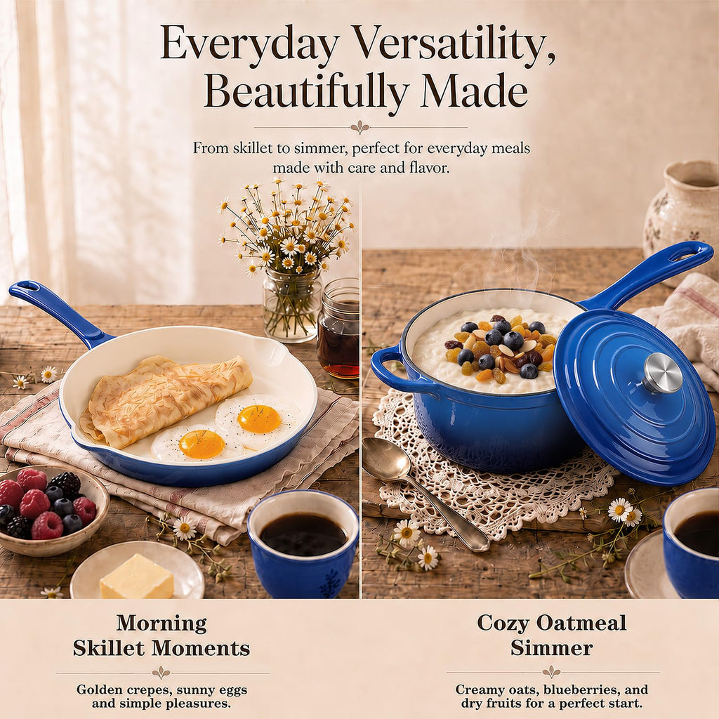 5-Piece Enameled Cast Iron Cookware Set with Lids, Skillet, Frying Pan, Saucepan and Dutch Oven for All Stovetops