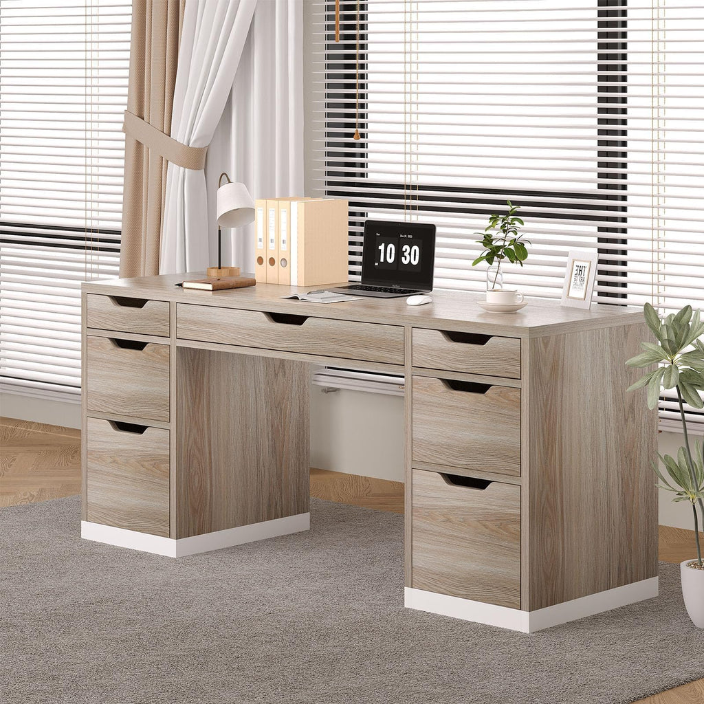 Home Office Desk with Drawers, 54 Inch Computer Desk with Storage, Study Writing Desk with 7 Drawers for Small