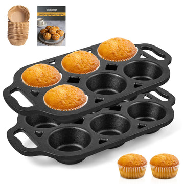Pre-Seasoned Cast Iron Muffin Pan - 6-Cup Nonstick Cupcake Pan, 2 Piece Set