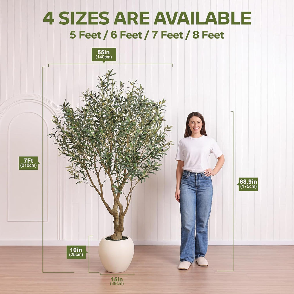 Artificial Olive Tree 7FT Faux Plant Home Decor - Large White Pot with Lifelike Silk Leaves, UV Resistant & No