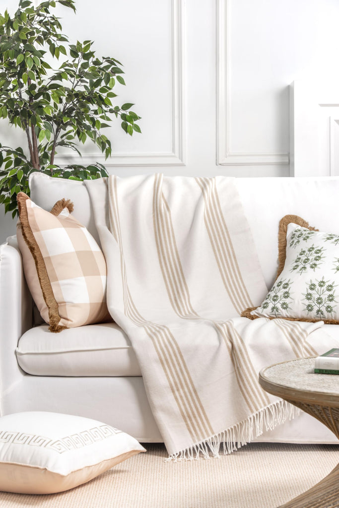 Coastal Decorative Throw Blanket Couch Sofa, Neutral Tan Vertical Stripes with Fringe, 52"x71"