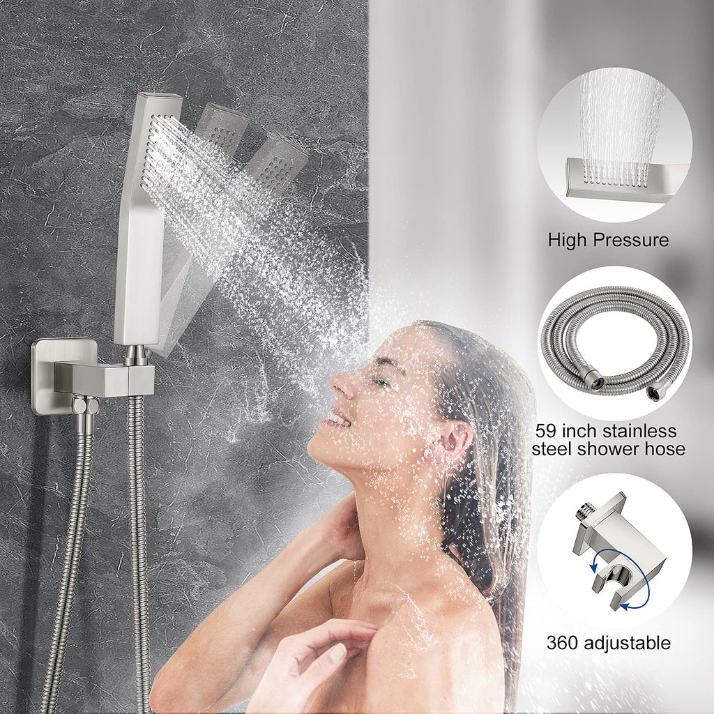 12 Inch Brushed Nickel Shower System, Wall Mounted High Pressure Rain Shower Head with Handheld Sprayer, Bathroom