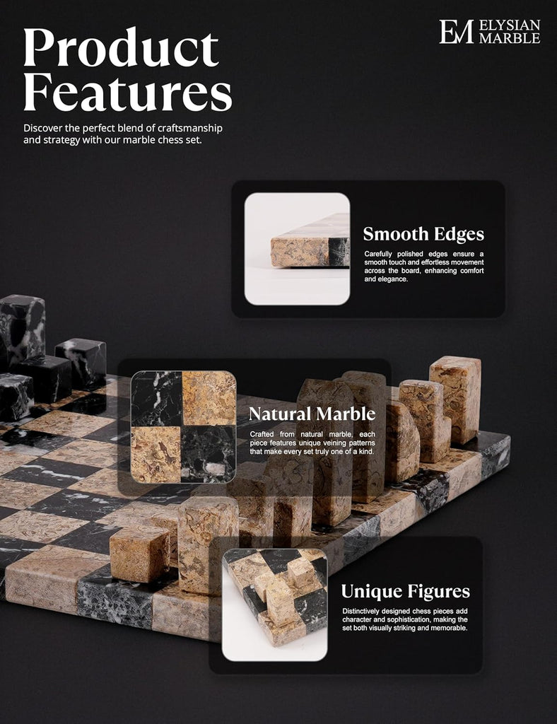 Modern Chess Set - Handcrafted Borderless Marble Chess Board with Minimalist Geometric Pieces, Luxury Decorative