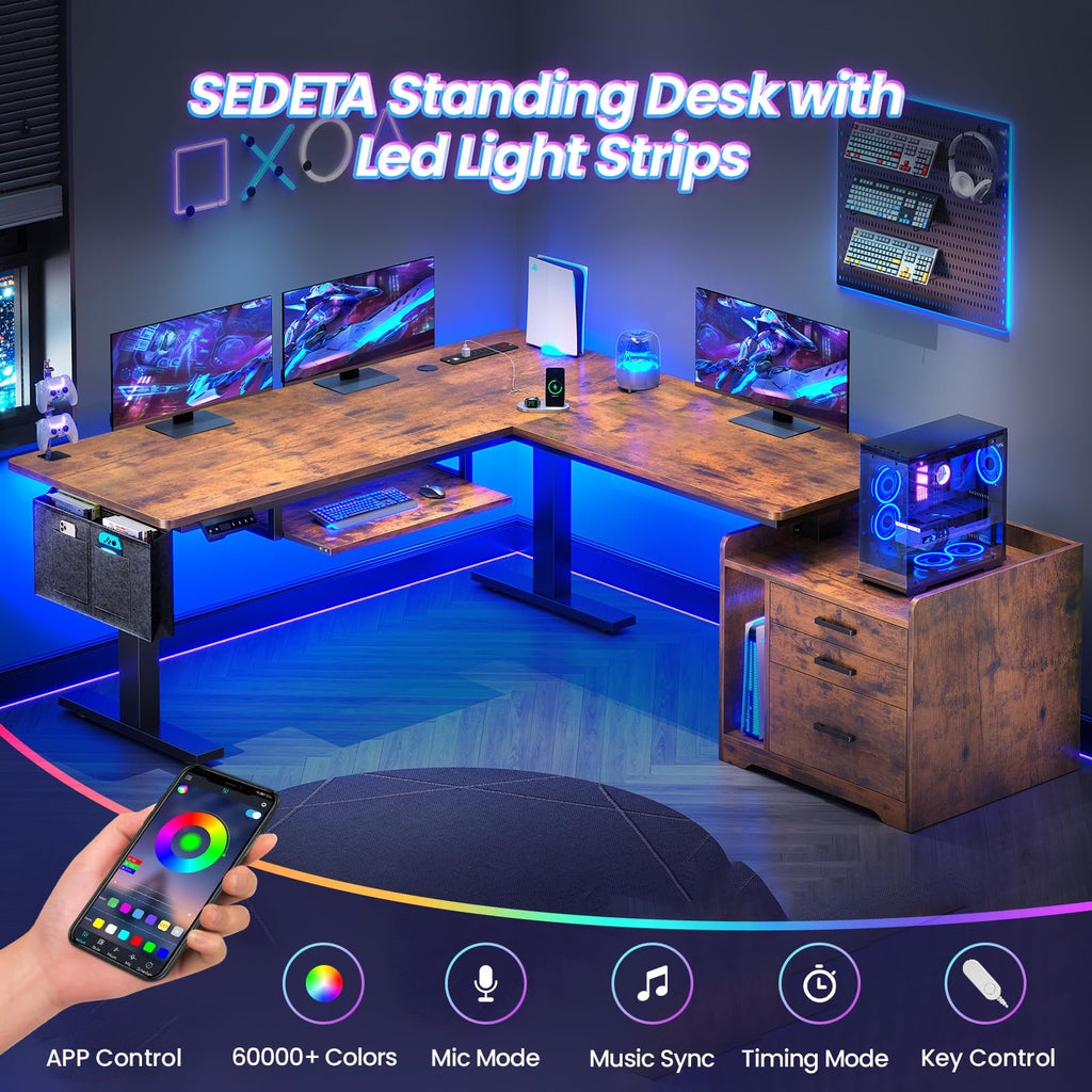 L Shaped Standing Desk with File Cabinet, 3 Drawers, Power Outlet
