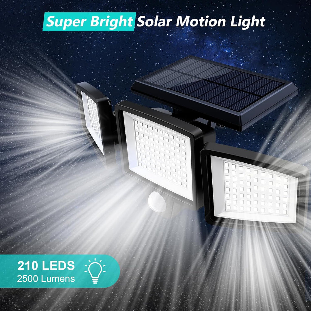 Solar Outdoor Lights 2500LM 210 LED Security Lights with Remote Control,3 Heads Motion Sensor Lights, IP65