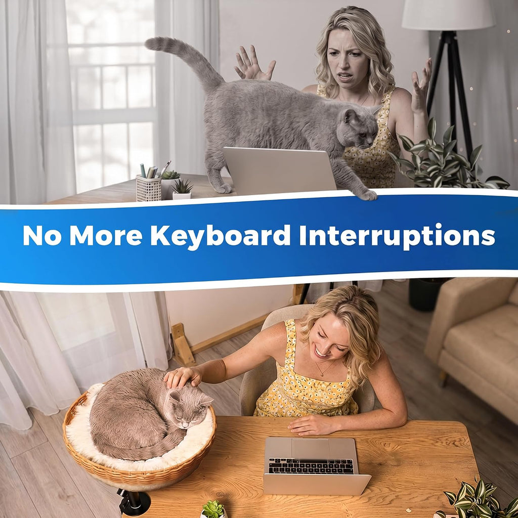 Cat Desk Bed - Rattan Elevated Desk Cat Bed Attachment with Removable Washable Cushion, 360° Swivel Arm, Secure Clamp