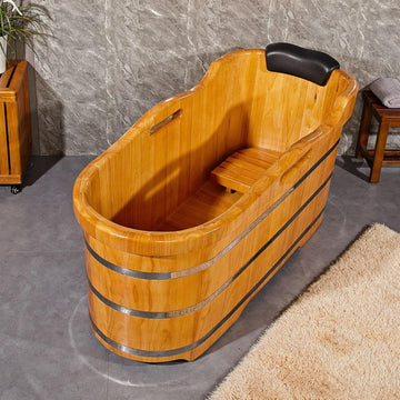 59” Freestanding Bathtub Wooden Soaking Tub Handcrafted Deep Soaking Bathtub with Wooden Handrails, Japanese Soaking