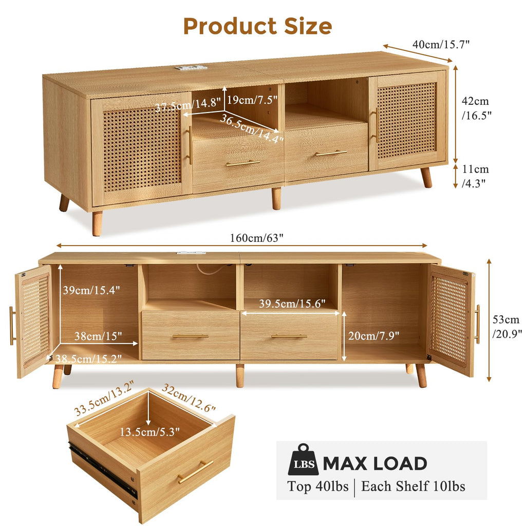63" Rattan TV Stand for TVs Up to 70", Wood
