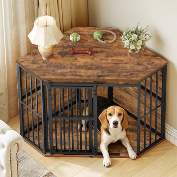 Corner Dog Crate Furniture Wooden Dog Kennel Indoor with Barn Door