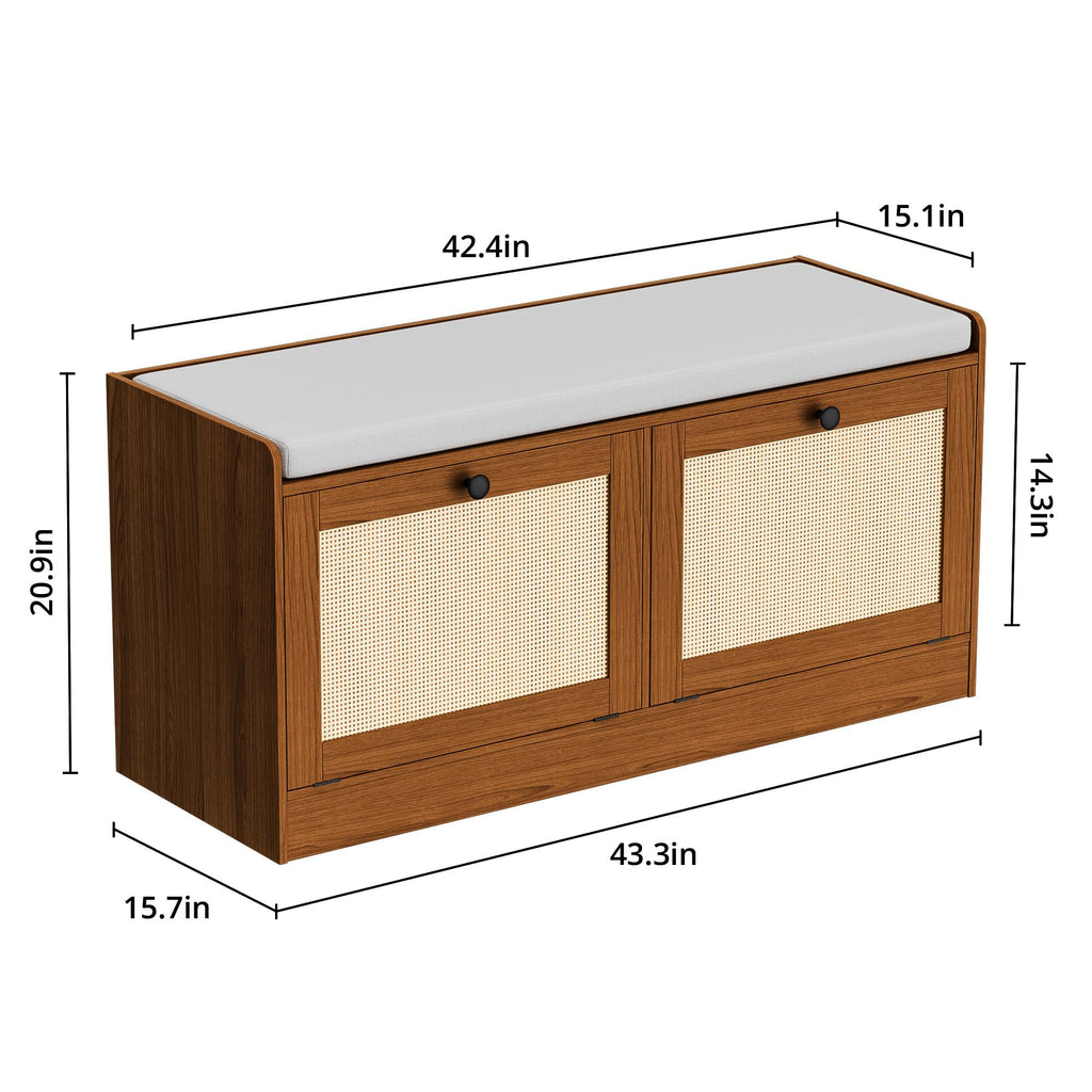 Rattan Shoe Bench - Boho Bench with Storage Cabinets and Seat Cushion - Wooden Storage Bench Fits up to Size 16, Brown