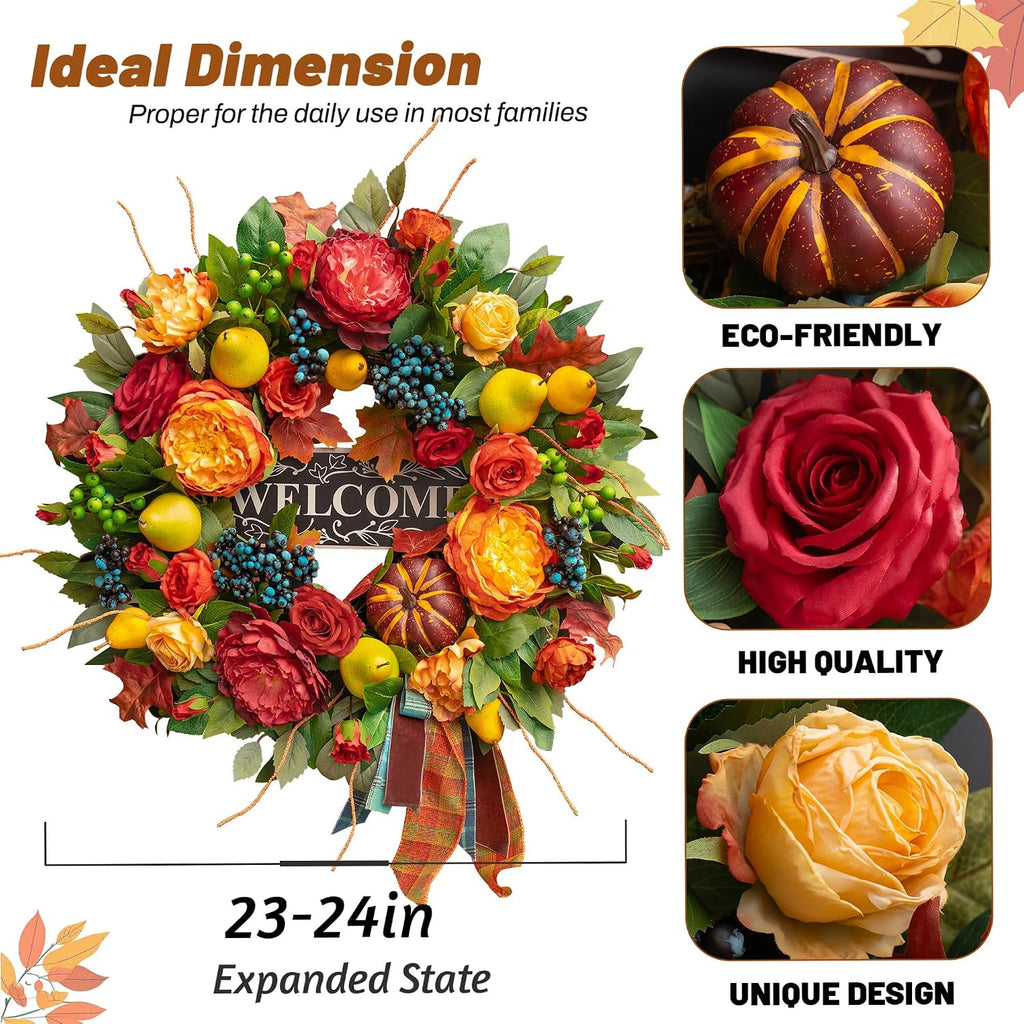 Fall Wreaths for Front Door, 24 in Autumn Harvest Wreath for Thanksgiving - Set of 5